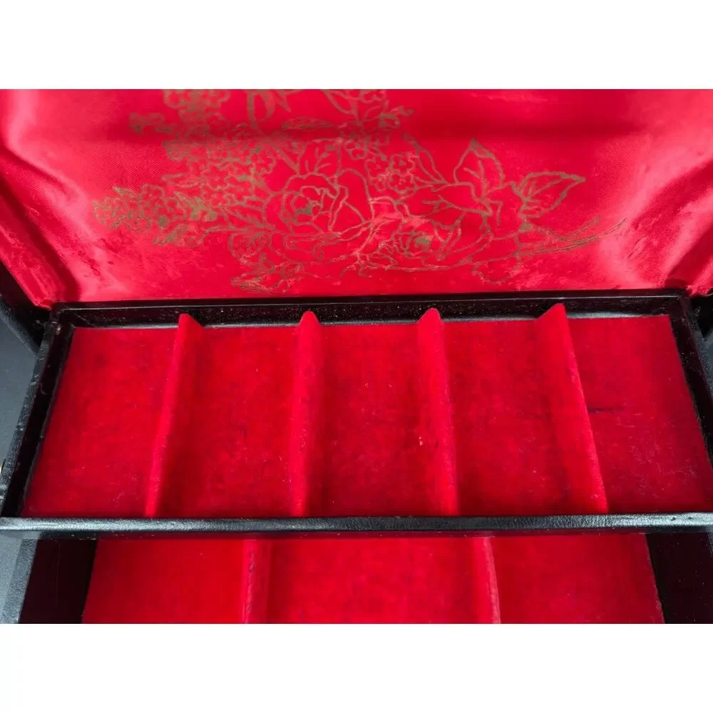 Vintage 1950s Jewelry Box Black Gold Tooled Red Velvet Lift Tray 12.5